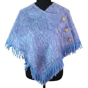 Vintage Andrew Stewart Scotland Mohair Wool Poncho Wrap Shawl Fringe Blue Fuzzy